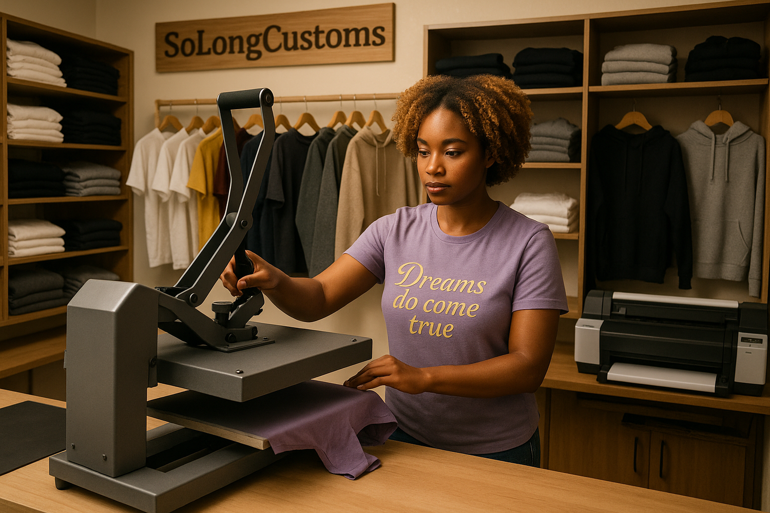 Please make the woman a little bit younger with  coilly hair honey blond in color and add a print on her shirt that reads "Dreams do come true" Make the tshirt lavender in color with gold lettering. 